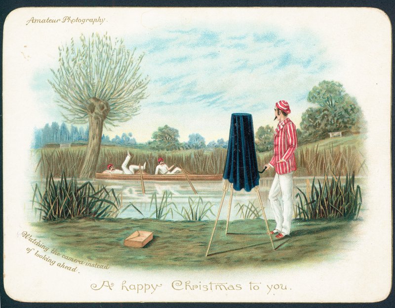 Ruderer kollidieren mit Boot auf Fluss! Weihnachtskarte von English School