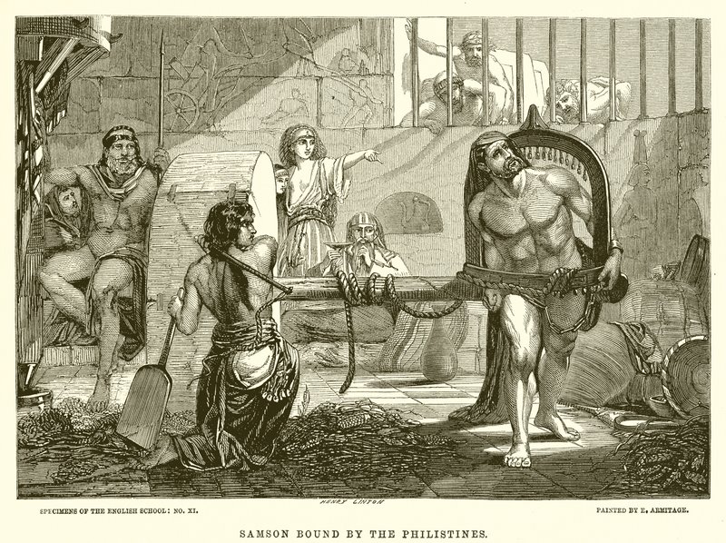 Samson von den Philistern gefesselt von English School