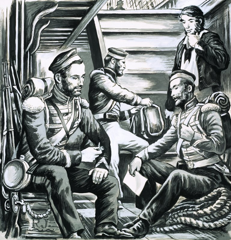 Soldaten unter Deck im Gespräch von English School