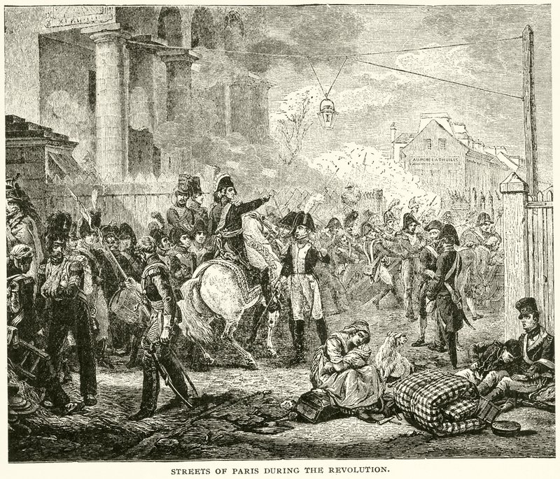 Straßen von Paris während der Revolution (Stich) von English School