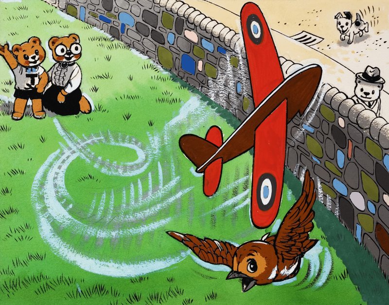 Teddybär fliegt Spielzeugflugzeug von English School