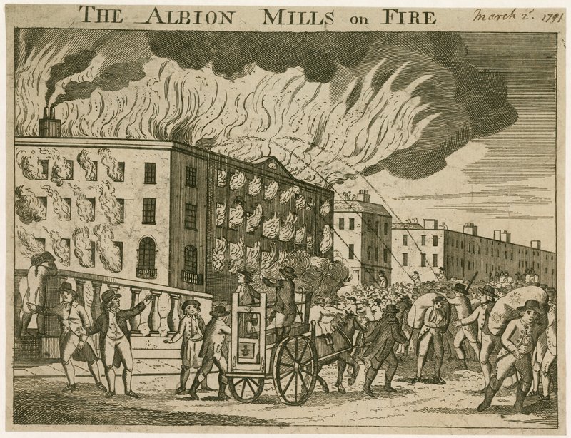 Die Albion Mills in Flammen von English School