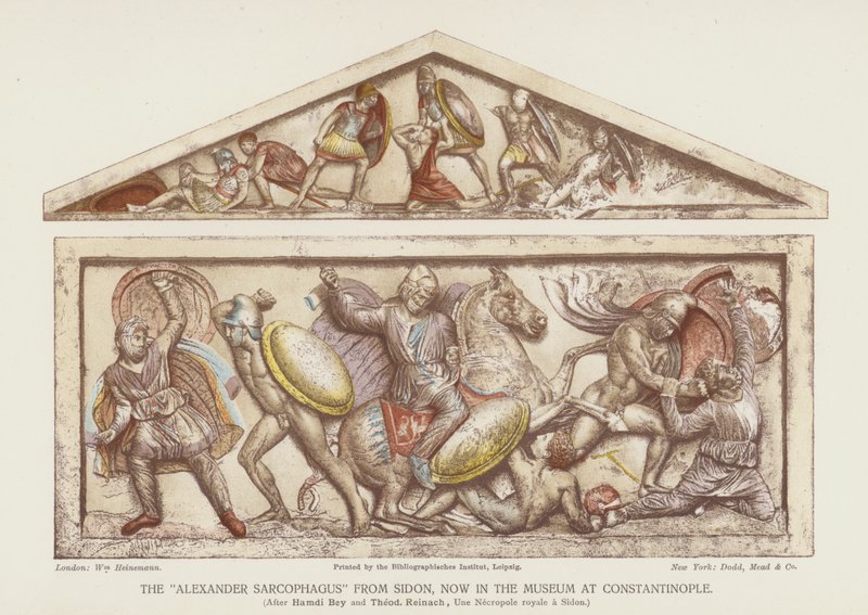 Der "Alexander-Sarkophag" aus Sidon (Farblithografie) von English School