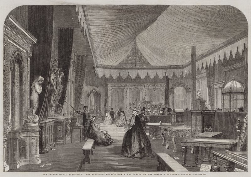 Die Internationale Ausstellung, der Möbelhof (Stich) von English School