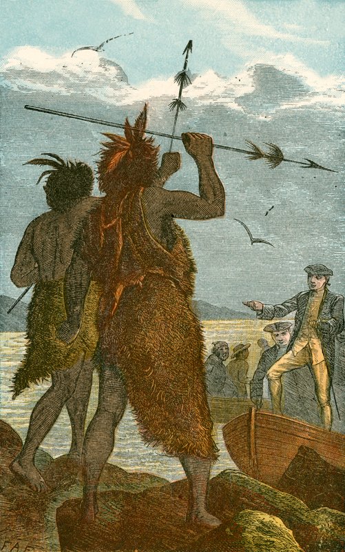 Zwei Eingeborene streiten über die Landung von Captain Cook von English School