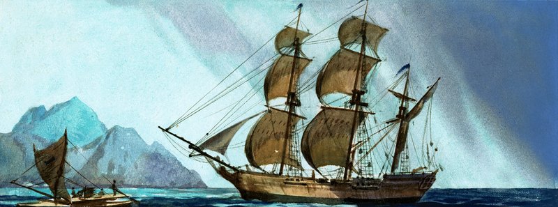 Unidentifiziertes Segelschiff nähert sich einer Insel von English School