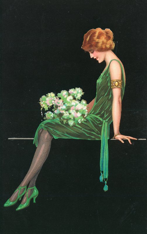 Frau in einem grünen Kleid von English School