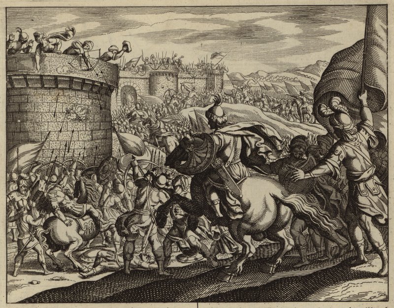 Abimelech greift den Turm von Thebez an (Stich) von European School