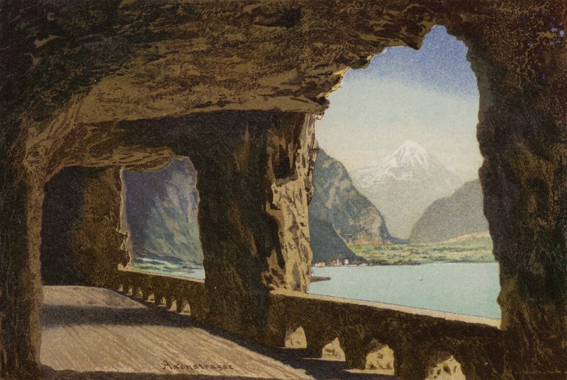 Vierwaldstättersee: Die Axenstrasse (Farblithografie) von European School