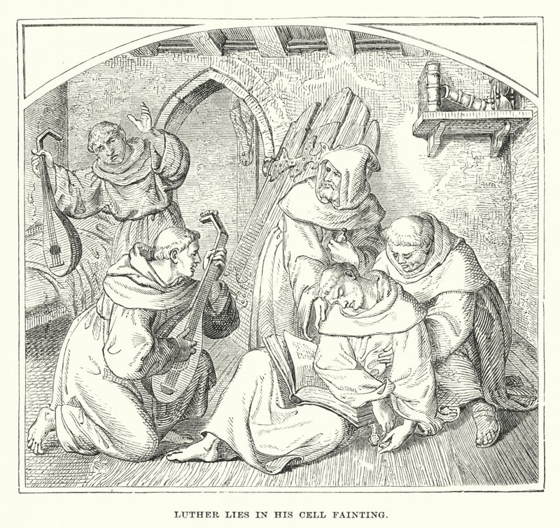Luther liegt ohnmächtig in seiner Zelle (Gravur) von European School