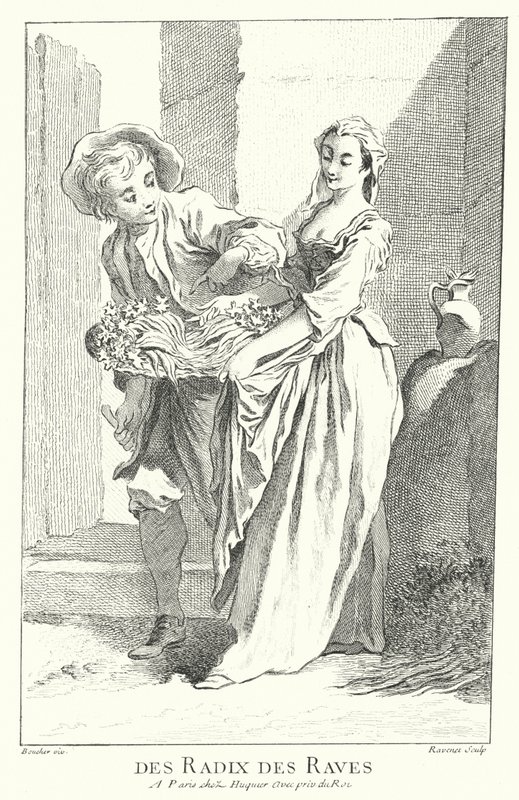 Rettich- und Rübenverkäufer (Gravur) von Francois (after) Boucher