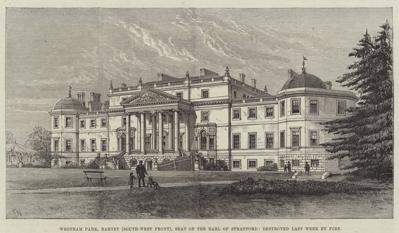 Wrotham Park, Barnet (Südwestfront), Sitz des Earl of Strafford, letzte Woche durch Feuer zerstört von Frank Watkins
