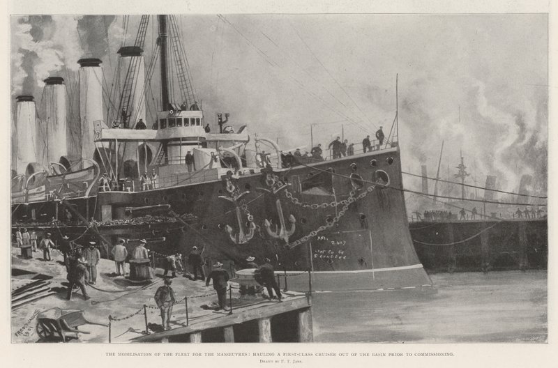 Die Mobilisierung der Flotte für die Manöver, ein Erster-Klasse-Kreuzer wird aus dem Becken gezogen von Fred T. Jane