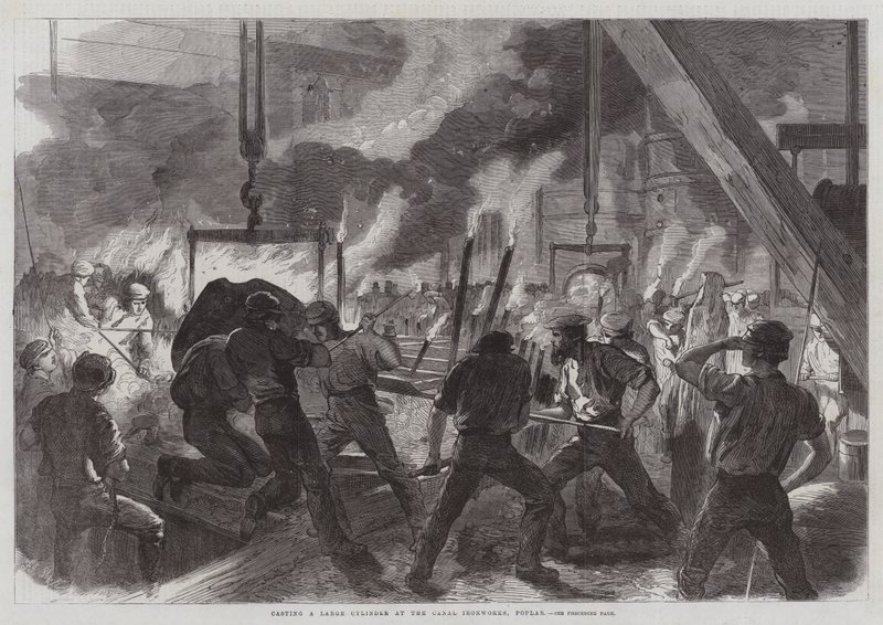 Gießen eines großen Zylinders in den Canal Ironworks, Poplar von Frederick John Skill