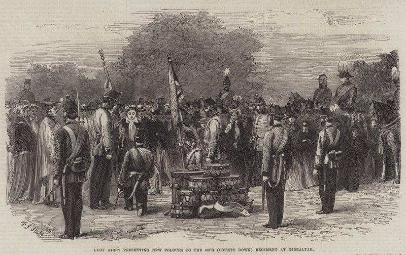 Lady Airey überreicht neue Farben an das 86. (County Down) Regiment in Gibraltar von Frederick John Skill