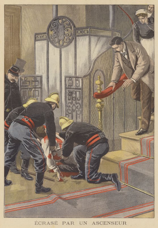 Ein Concierge von einem Aufzug zu Tode gequetscht von French School