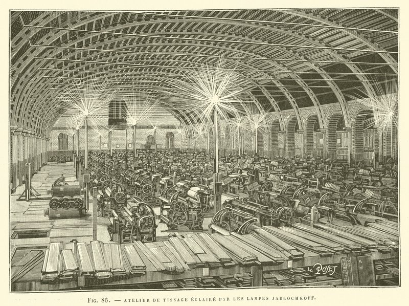 Weberei-Atelier beleuchtet von Jablochkoff-Lampen von French School