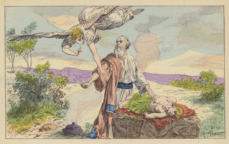 Abrahams Opferung Isaaks (Farblithografie) von French School
