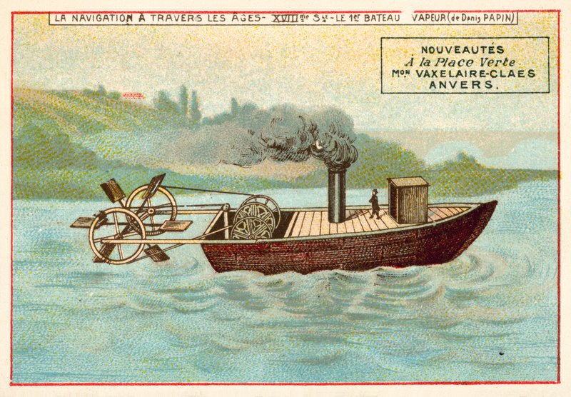 Denis Papins erstes dampfbetriebenes Boot von French School