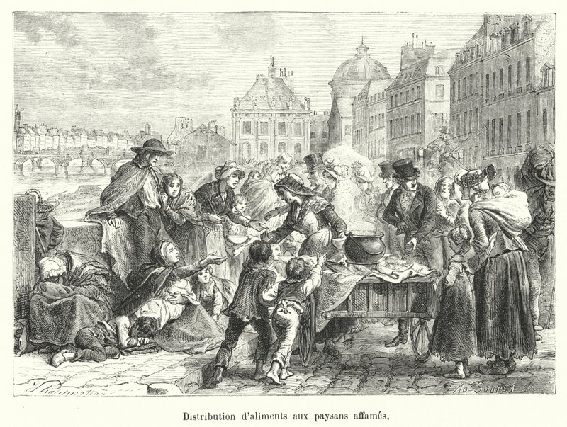 Verteilung von Lebensmitteln an hungernde Bauern von French School