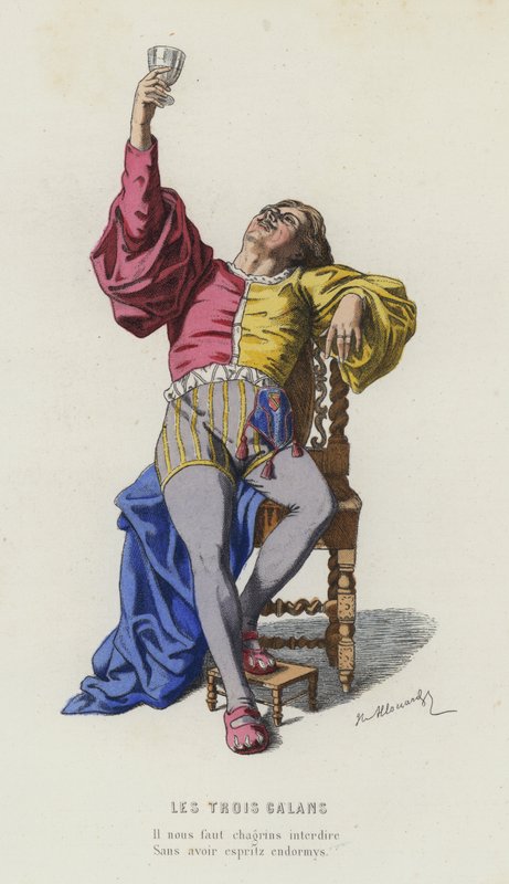Les Trois Galans (farbiger Stich) von French School