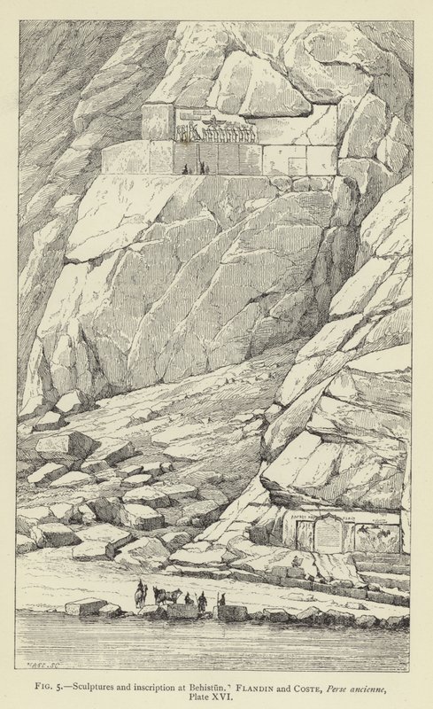 Skulpturen und Inschrift in Behistun (Gravur) von French School