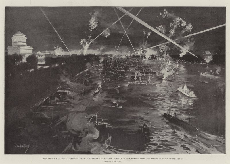 New Yorks Begrüßung von Admiral Dewey, Feuerwerk und elektrische Darstellung auf dem Hudson River vor Riverside Drive, 29. September von G. W. Peters