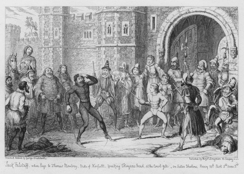 Jack Falstaff, als Page von Thomas Mowbray, Herzog von Norfolk, bricht Skogans Kopf am Hofeingang, siehe Justice Shallow von George Cruikshank