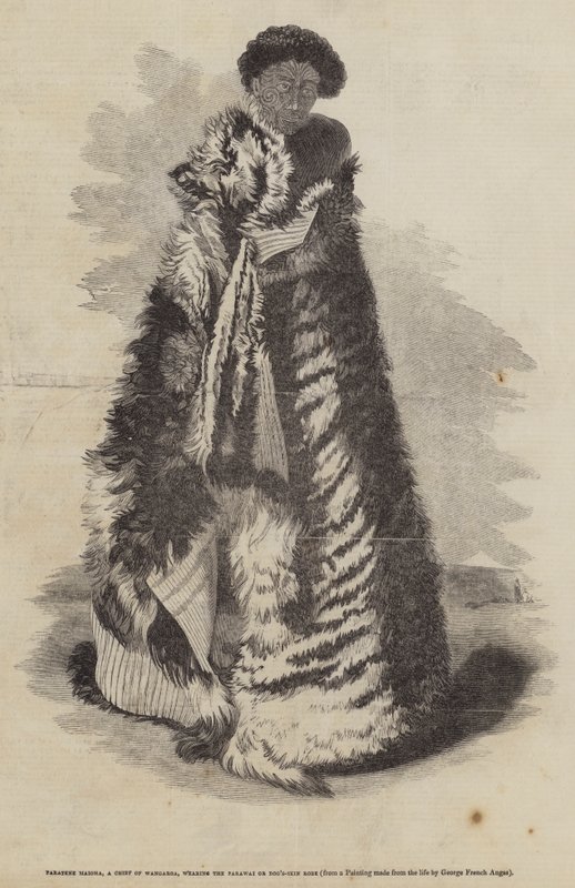 Paratene Maioha, ein Häuptling von Wangaroa, trägt den Parawai oder Hundsfellmantel von George French Angas