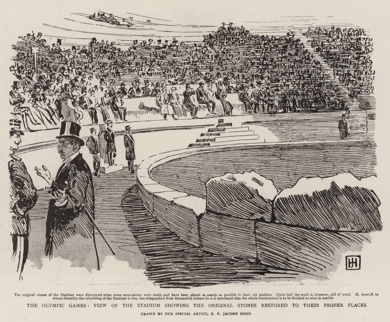Die Olympischen Spiele, Ansicht des Stadions mit den restaurierten Originalsteinen von George Percy Jacomb Hood