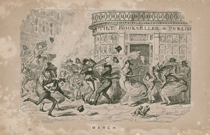 Menschen kämpfen gegen den starken Wind von George Cruikshank