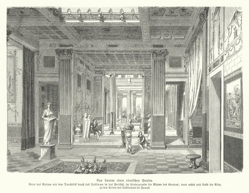 Innenraum eines römischen Hauses (Gravur) von German School