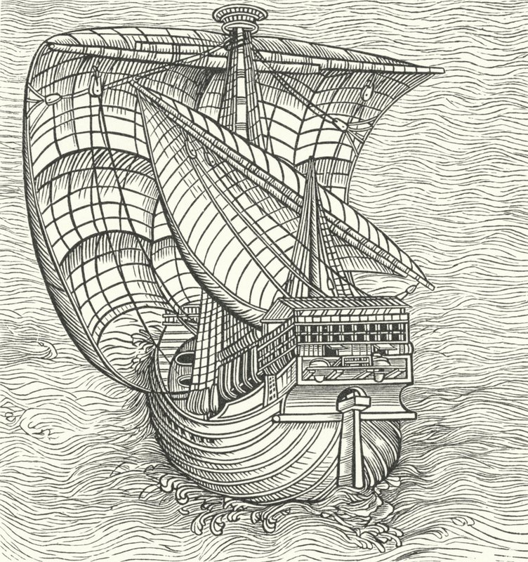 Seeschiff segelt mit dem Wind (Gravur) von German School