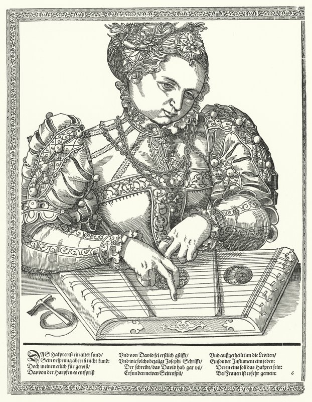 Frau, die eine Zither spielt (Gravur) von German School