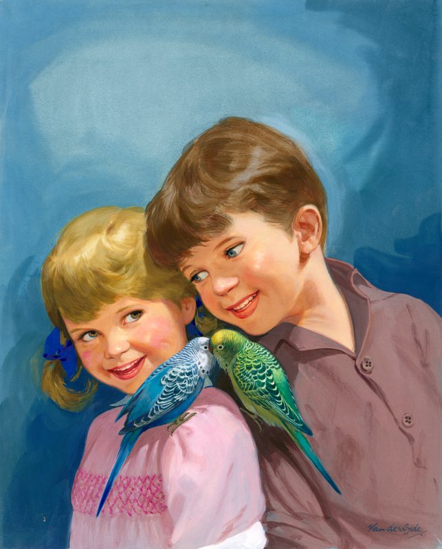 Junge und Mädchen mit Wellensittichen von Gerritt Vandersyde