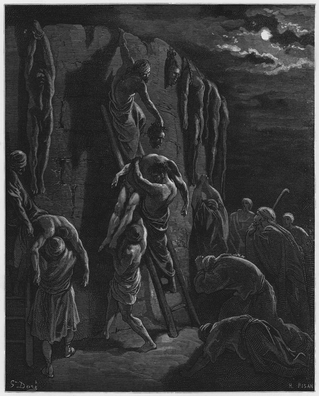 Gustave Doré Bibel: Die Bewohner von Jabesch-Gilead bergen die Leichen von Saul und seinen Söhnen von Gustave Dore