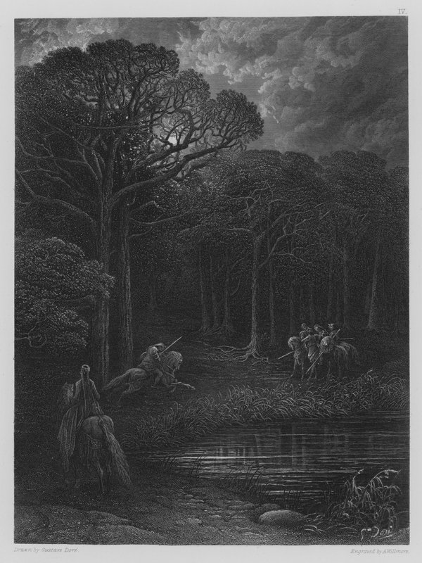 Geraint greift die Banditen an von Gustave after Dore