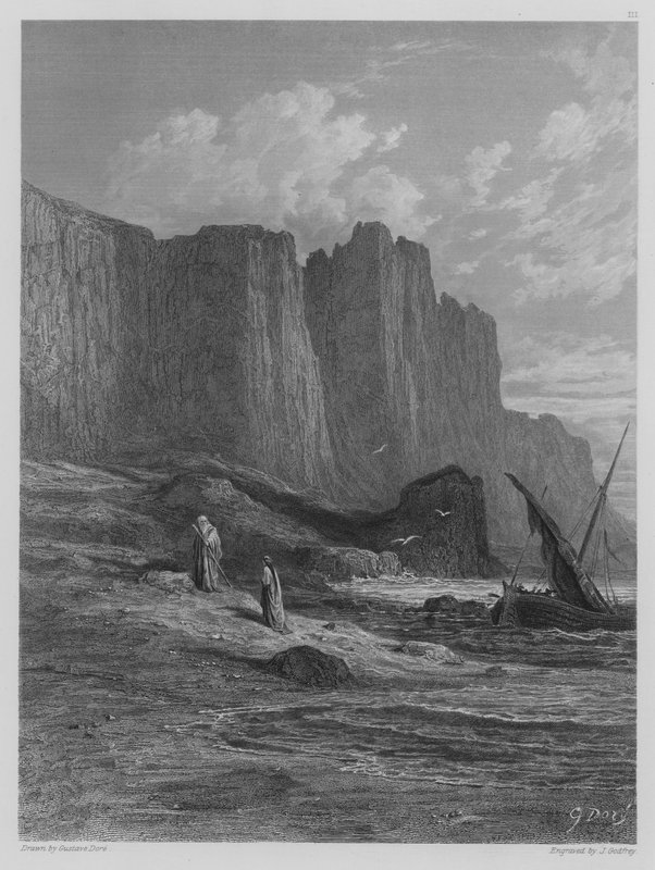 Vivien und Merlin gehen an Land von Gustave after Dore