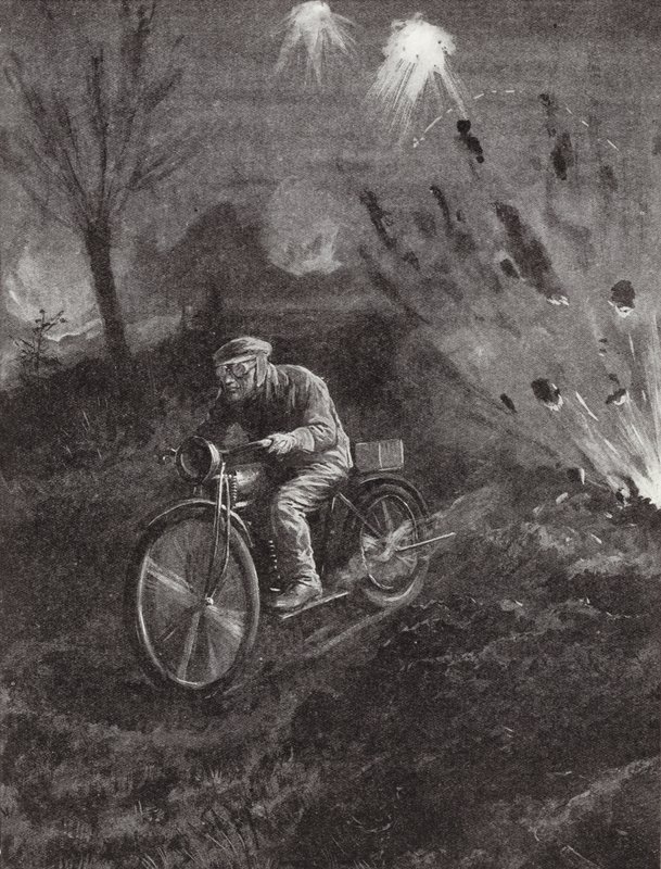 Lance-Corporal C C Parrott überbringt Nachrichten auf seinem Motorrad entlang von Straßen, die von Granatfeuer durchzogen sind, Erster Weltkrieg von H. Ripperger