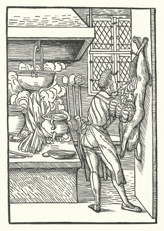 Ein Koch, der einen Hasen schlachtet (Gravur) von Hans (after) Burgkmair