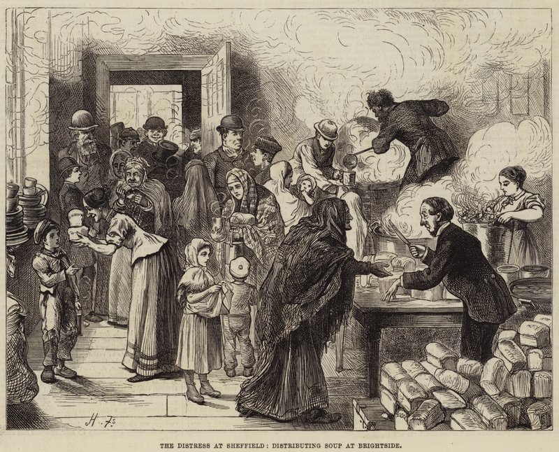 Die Not in Sheffield, Suppenverteilung in Brightside von Harry Furniss