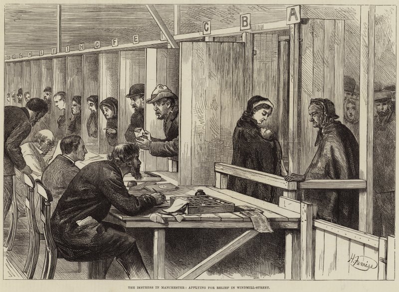 Die Not in Manchester, Antrag auf Hilfe in der Windmill-Street von Harry Furniss
