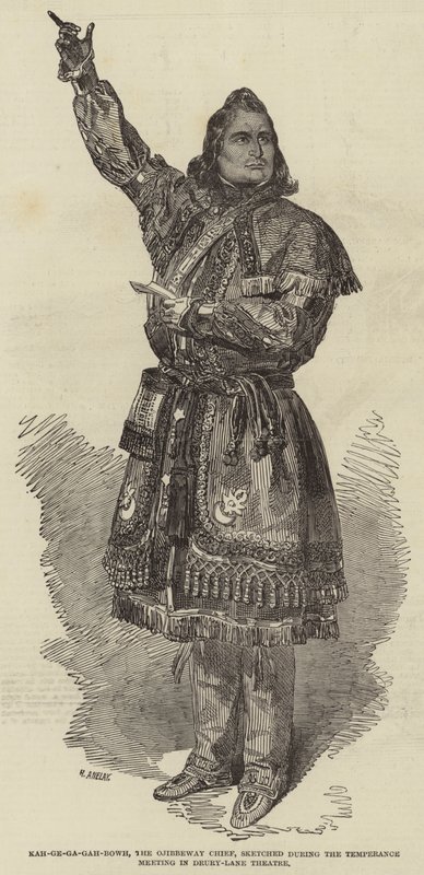 Kah-ge-ga-gah-bowh, der Ojibbeway-Häuptling, skizziert während des Abstinenztreffens im Drury-Lane-Theater von Henry Anelay