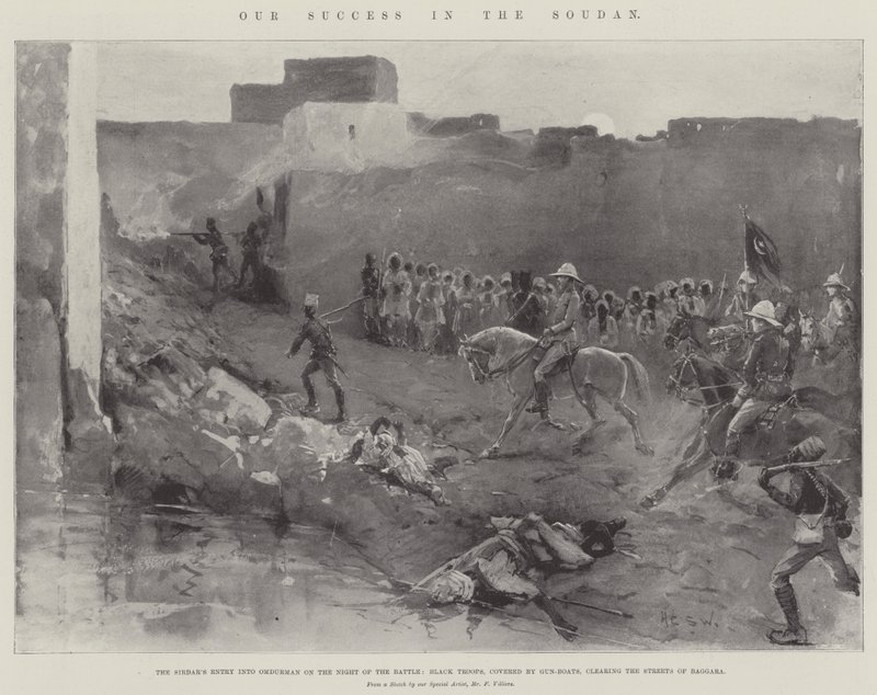 Unser Erfolg im Sudan, der Einzug des Sirdars in Omdurman in der Nacht der Schlacht, Schwarze Truppen, gedeckt von Kanonenbooten, räumen die Straßen von Baggara von Henry Charles Seppings Wright