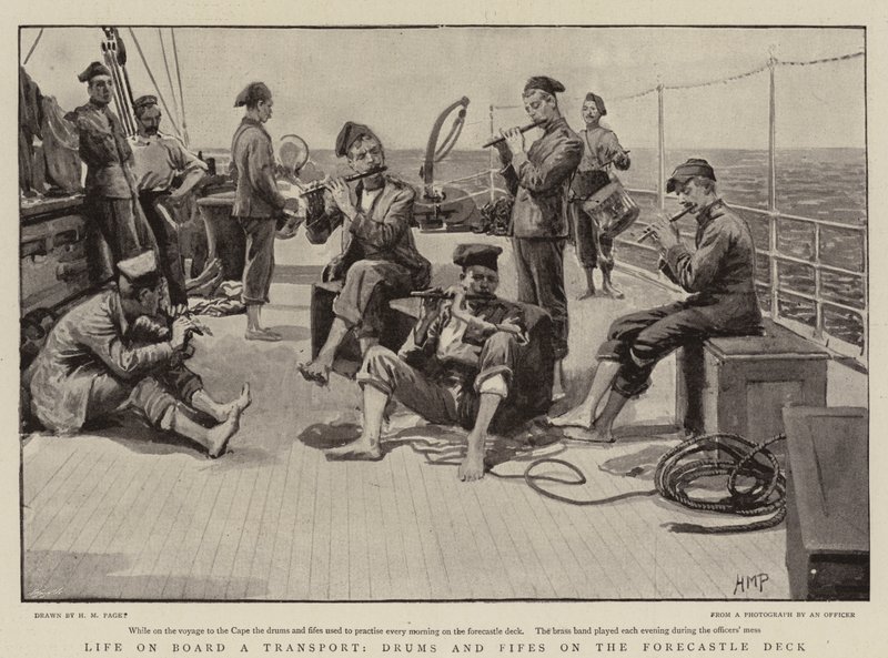 Leben an Bord eines Transportschiffs, Trommeln und Pfeifen auf dem Vorschiffdeck von Henry Marriott Paget