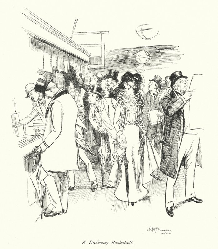 London: Ein Eisenbahnbuchstand (Farblithographie) von Hugh Thomson