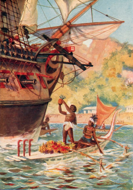 Marquesas-Insulaner tauschen Früchte mit Captain Cooks Expedition von J. Williamson