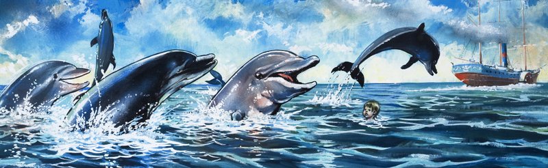 Junge schwimmt mit Delfinen von Jesus Blasco