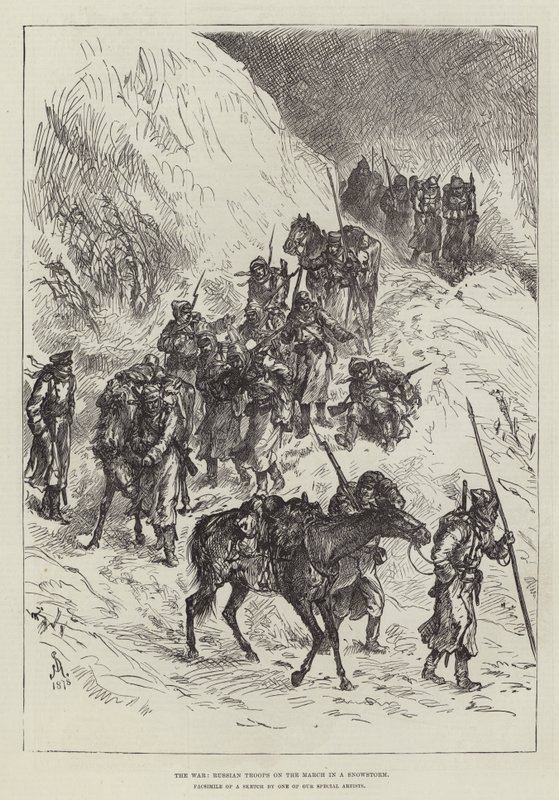 Der Krieg, russische Truppen marschieren in einem Schneesturm von Johann Nepomuk Schonberg