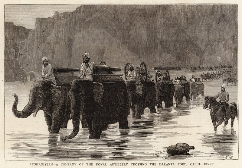Afghanistan, eine Kompanie der königlichen Artillerie überquert den Daranta-Furt, Cabul-Fluss von John Charles Dollman